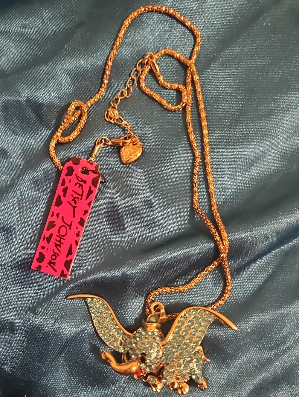 Betsey Johnson Gold Tone Elephant Pendant Necklace with Blue Crystals